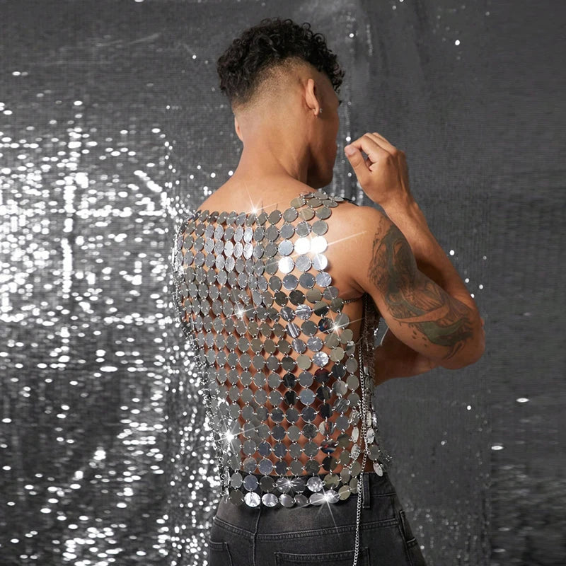 2025 New Men's Tank Tops Nightclub Metal Vest Handmade Sexy Perspective Party Stage Performance Punk Style Crop Top Accessories