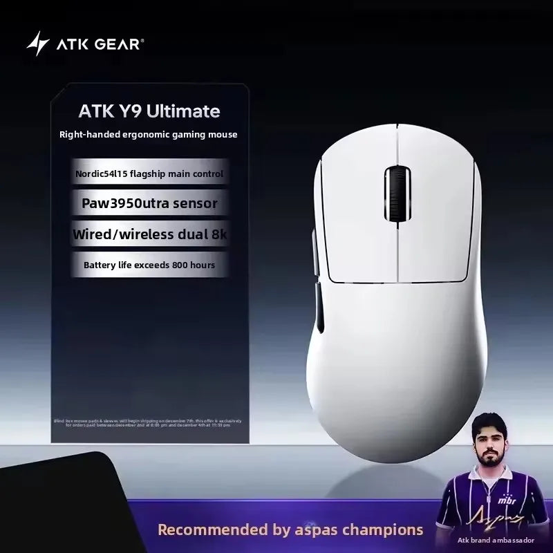 ATK Y9 Ultimate Tri-Model Wireless Gaming Mouse Dual 8KHz Lightweight PAW3950 UItra Right-Hand Ergonomic E-sports Custom Mouse
