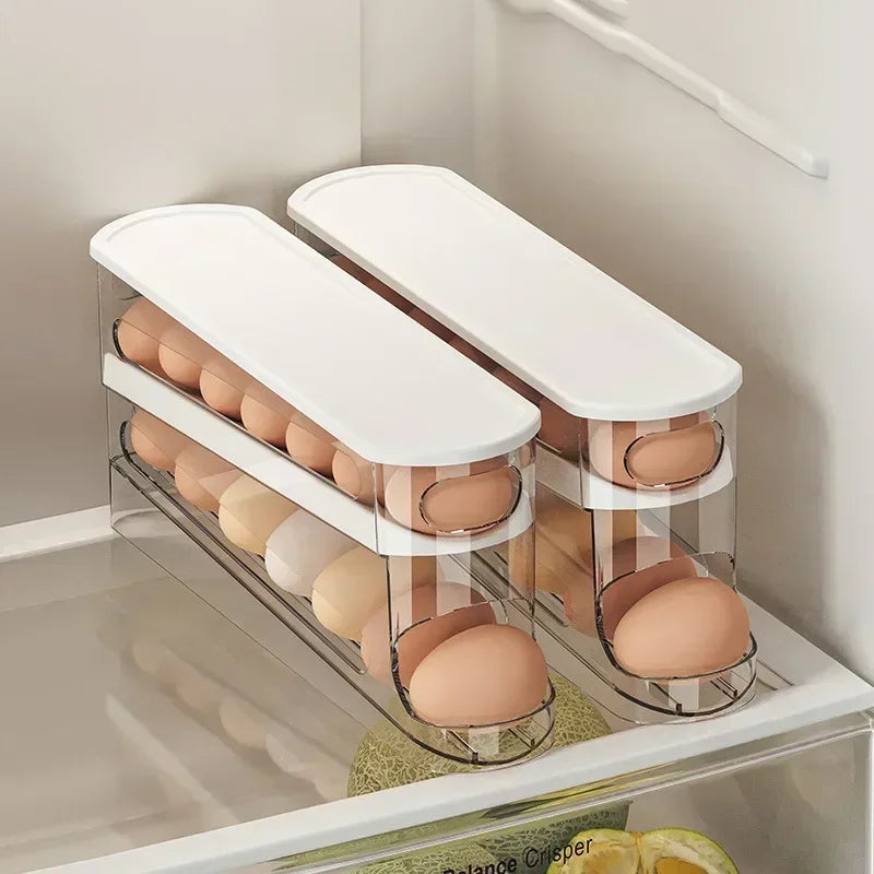 Bilayer Fridge Egg Storage Box Ladder Style Automatic Rolling Egg Holder Rack Refrigerator Dispenser Egg Organizer