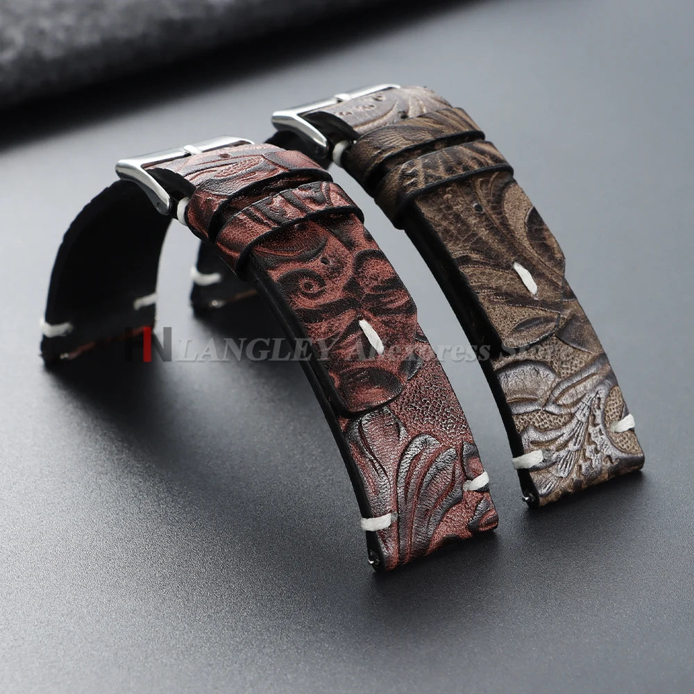Genuine Calfskin Watch Strap 20mm 22mm for Seiko for Omega Leather Watchbands Printed Pattern Brown Women Men Watch Accessories