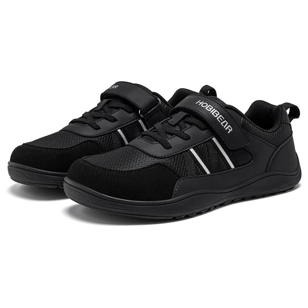 HOBIBEAR Big Kid Wide Width Shoes Barefoot Hook-Loop Artificial Leather Sneakers Lightweight Zero Drop Walking Shoes
