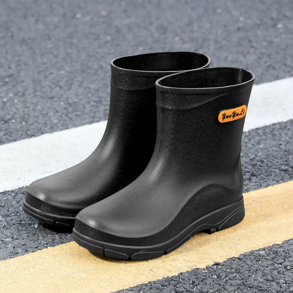 Men's Mid-Calf Waterproof Rain Boots Reflective Strip Security Flood Control Slip-On Shoe Camping Adventure Water Shoe