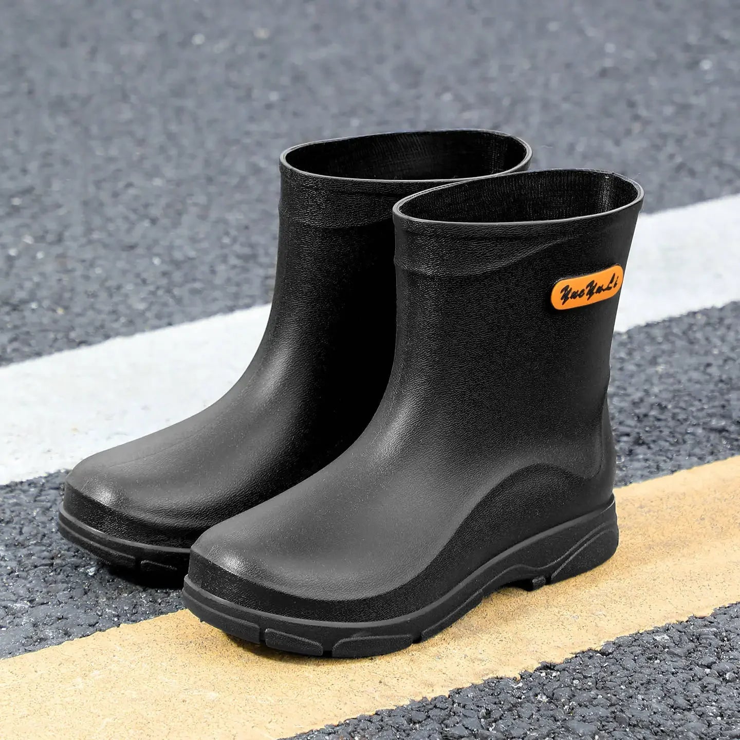 Men's Mid-Calf Waterproof Rain Boots Reflective Strip Security Flood Control Slip-On Shoe Camping Adventure Water Shoe