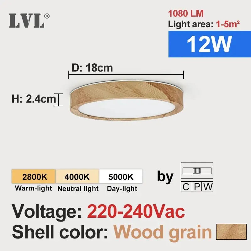 LVL LED Ceiling Light Wood Grain & White 3 in 1 Lighting Colors Home Lighting Kitchen Bedroom Bathroom Round Flush Ceiling Lamp