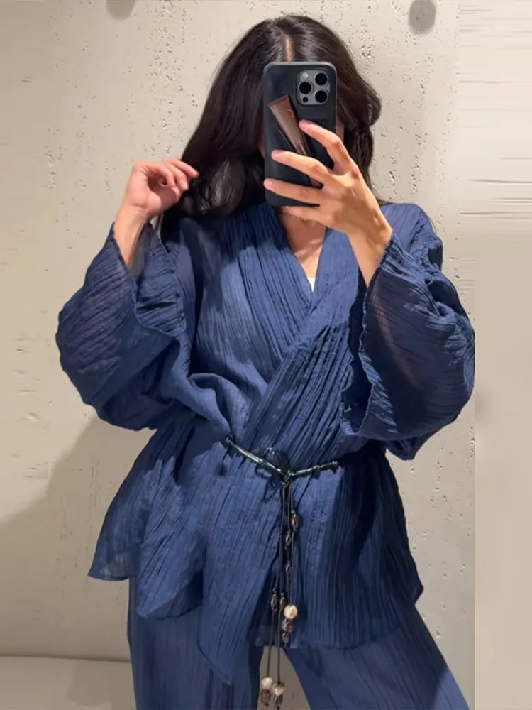 Casual Pleated Cardigan Pants Set V-neck Drop Shoulder Flared Sleeves Belt Waist Shirt Wide Leg Pants 2026 Chic Lightweight Sets