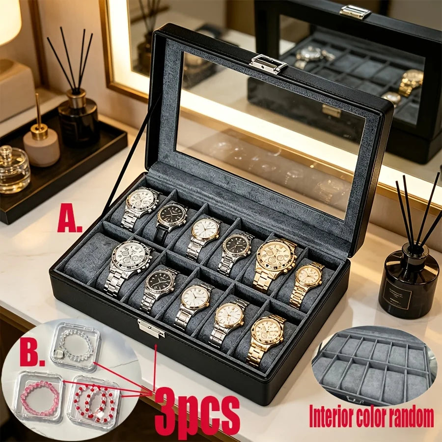 Men's 12 Slot Leather Watch Box with Lock, Luxury Watch Display Organizer + 3Pcs Clear Bracelet Storage Box 4Pcs Set