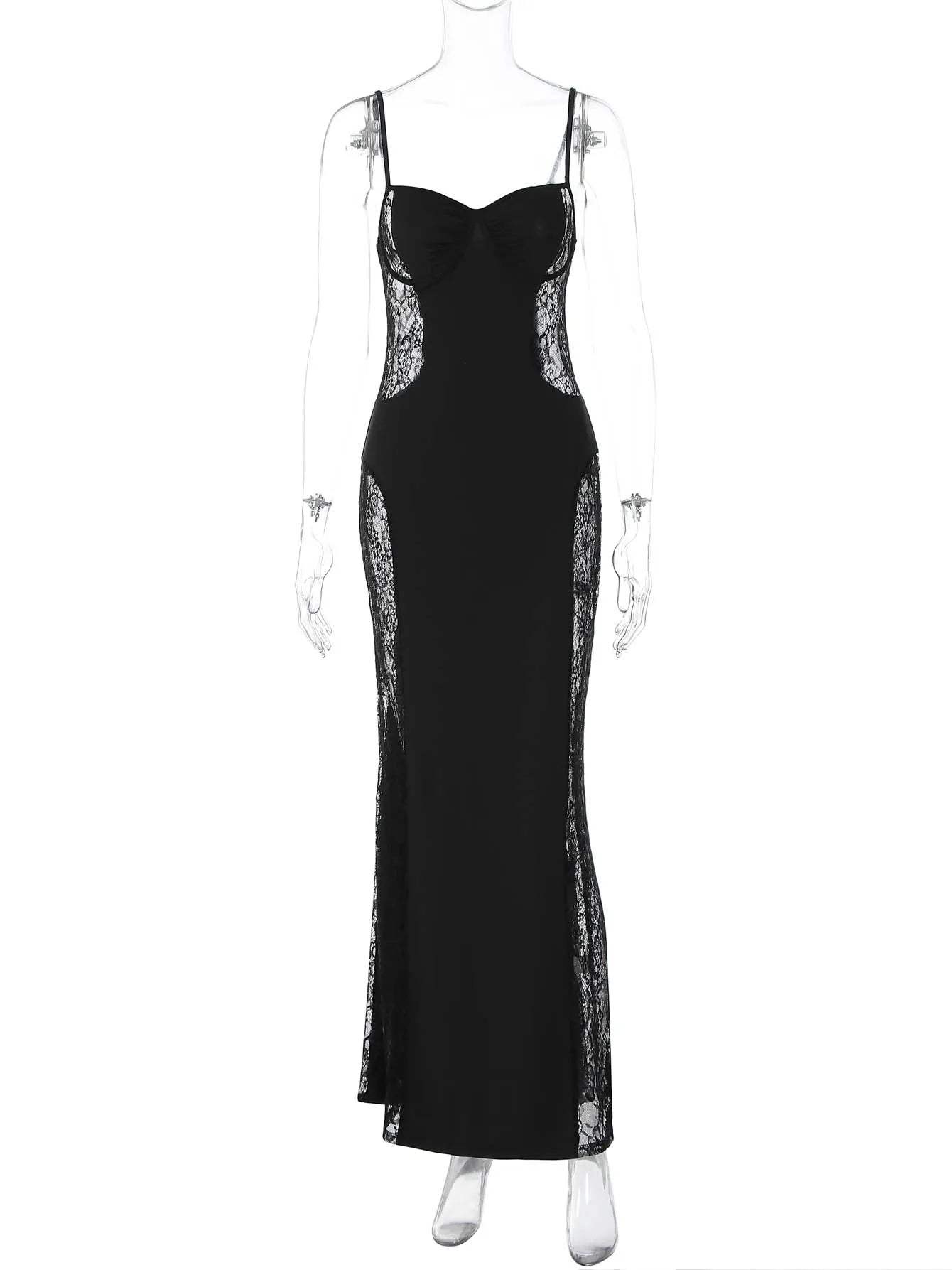 Dulzura Summer Fashion Sexy Backless Lace See Through Patchwork Suspender Long Dress Women Elegant Dress Party Club Prom Clothes