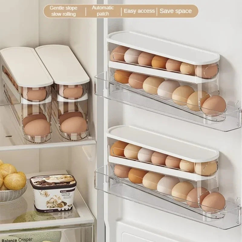 Bilayer Fridge Egg Storage Box Ladder Style Automatic Rolling Egg Holder Rack Refrigerator Dispenser Egg Organizer