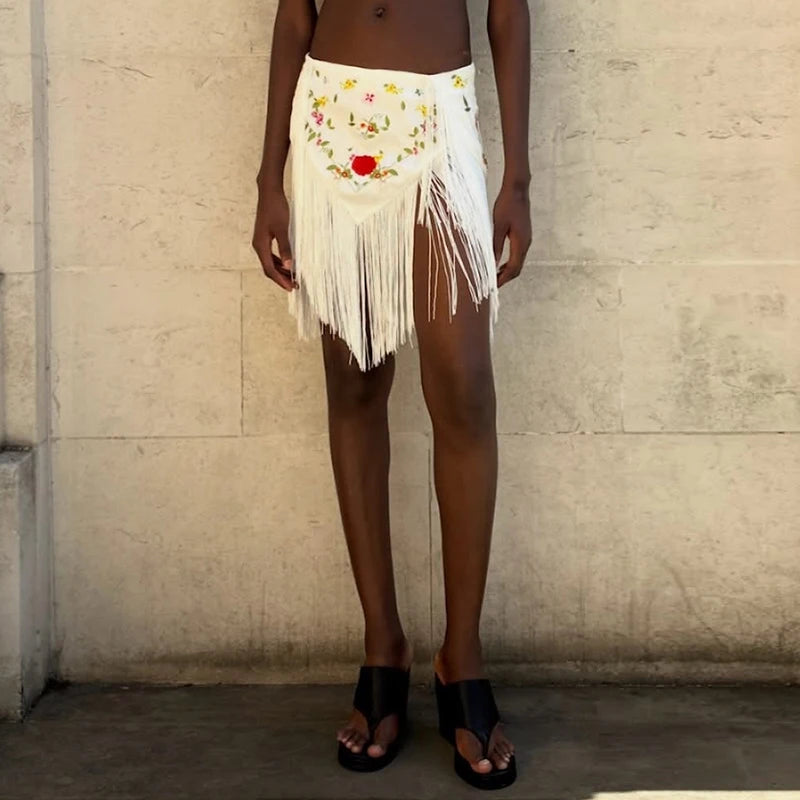 Casual Embroidery Mini Skirts Women Tassel Patchwork Low Waist Lady Short Irregular Skirts Female 2026 Summer Lady Bottoms Chic
