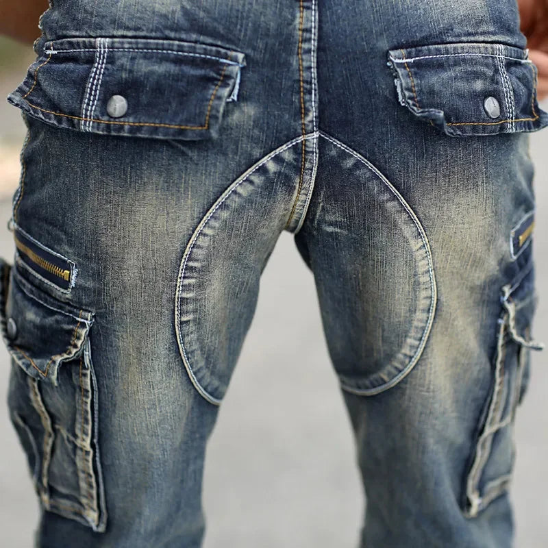 Men's Fashion Cargo Denim Shorts with Multi Pockets Slim Fit Military Jeans Shorts for Male Washed