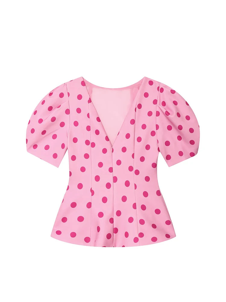 TFMLN Women's Sweet Blouse 2026 Street Chic O Neck Tee Female Summer Casual Vintage Polka Dot Puff Short Sleeve Tops New