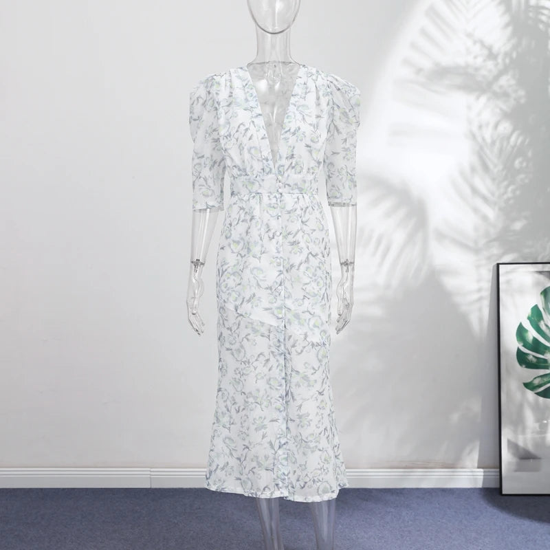 Casual Printed Mini Dress Women Full Sleeve Button V-neck Lady Short Dresses Waist Tape 2026 Spring Summer Female Robe Beach