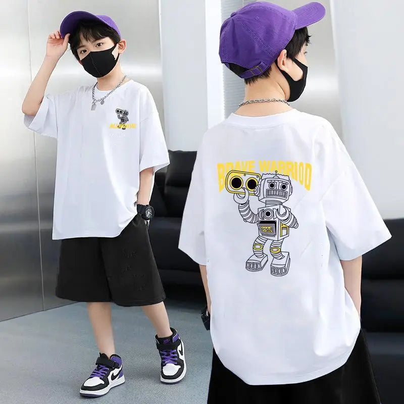 2026 Summer Children's Robot Fashion Short sleeved Top+Sports Shorts Casual Cotton Comfort Set