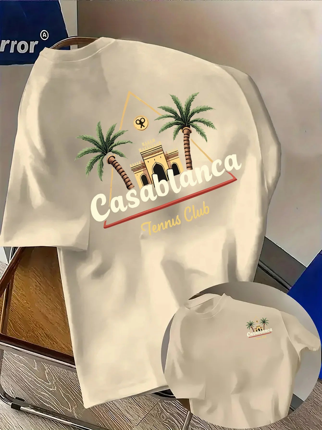 Palm Tree and Moroccan Building Print on Premium Soft 100% Cotton Men's T Shirt Perfect for Summer Tropical Casual Style