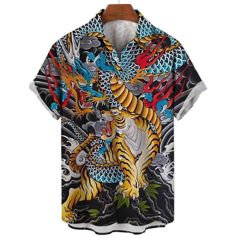 Men's Shirts 3D Animal Tiger Dragon Printed Short Sleeve Hawaiian Shirts Blouse New in Casual Button Up Aloha Shirt Male Tops