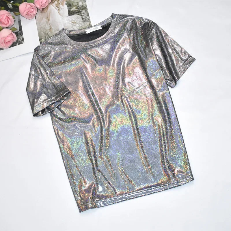 Womens Sparkly Shiny Metallic Holographic Round Neck Short Sleeve Casual Loose Top Festival Party Tee Shirt Female Clothes