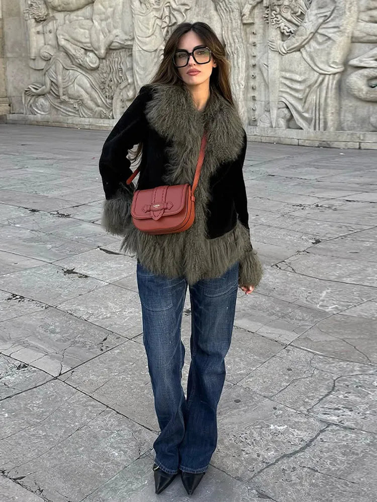 Vintage Patchwork Women's Faux Fur Trim Coat Urban Lapel Full Sleeve Female Jacket Female 2026 Autumn Winter Lady Streetwear New