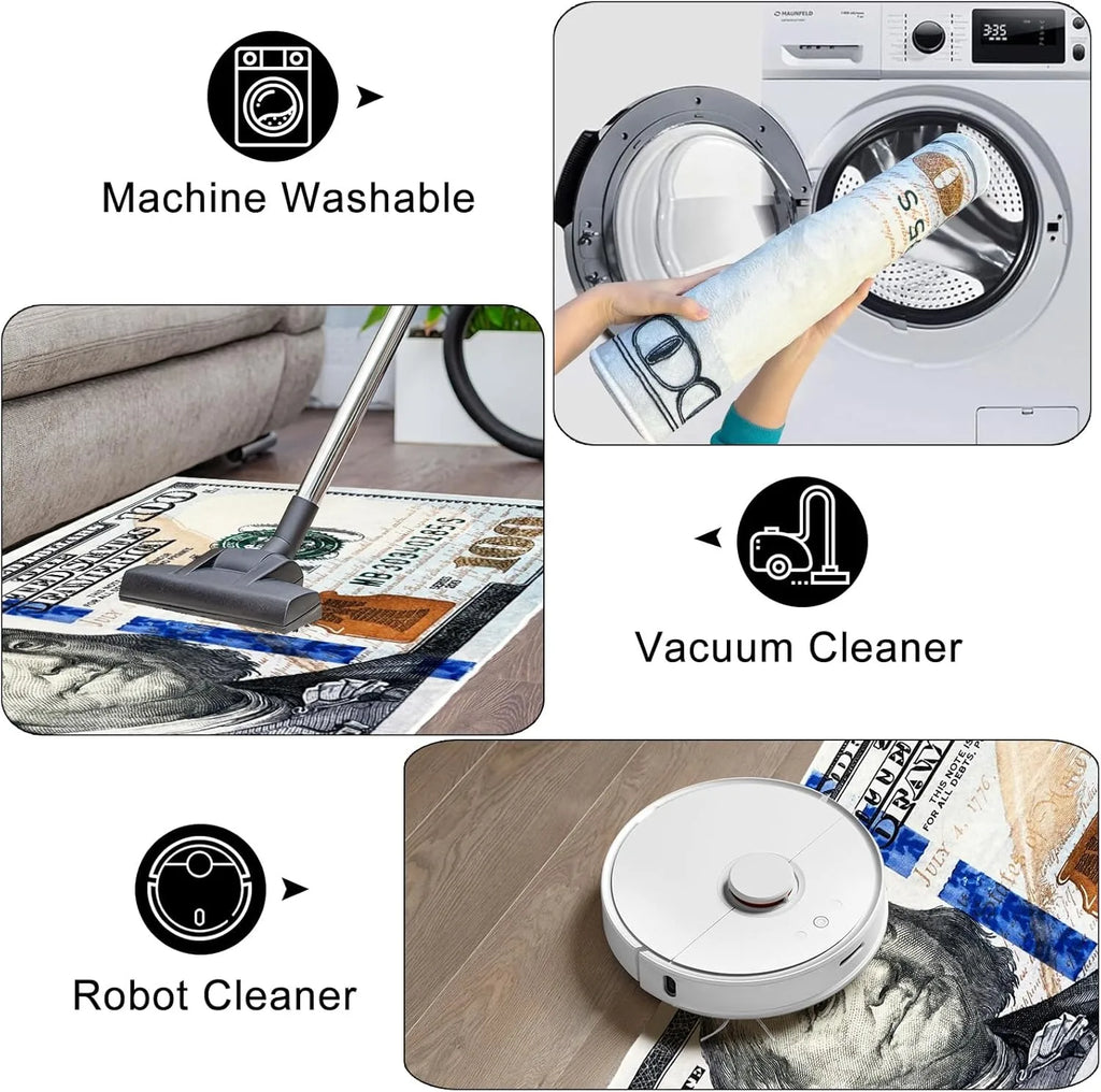 100 Bill USA Money Throw Accent Area Rug Large Floor Carpets Mat Non Slip Washable Runner Carpet for Entryway Hallway Laundry Bathroom Kitchen Bedroom Living Room
