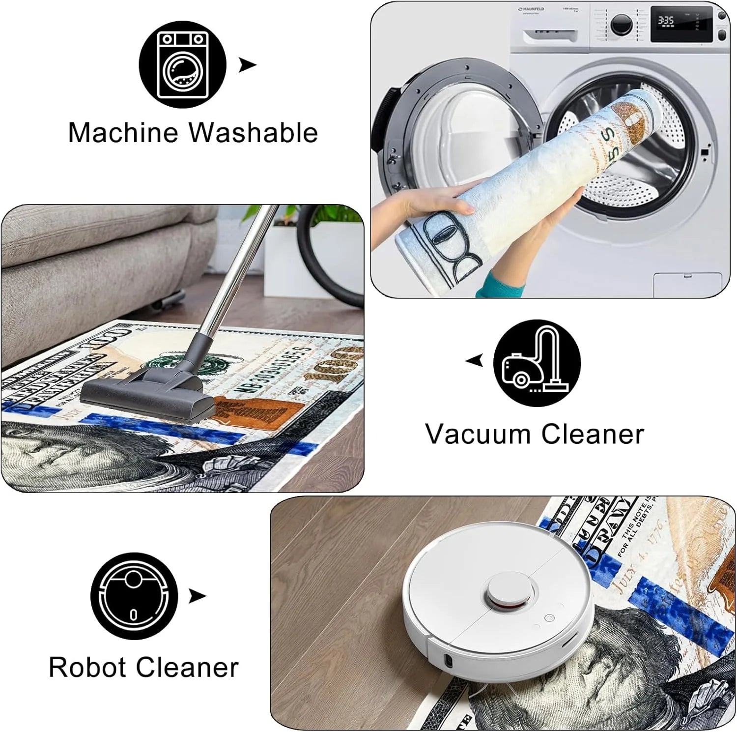 100 Bill USA Money Throw Accent Area Rug Large Floor Carpets Mat Non Slip Washable Runner Carpet for Entryway Hallway Laundry Bathroom Kitchen Bedroom Living Room