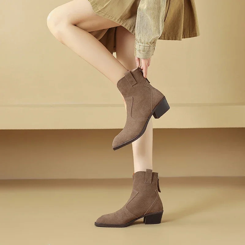 Natural Suede Women Western Boots Winter Black Brown Khaki Ladies Square Toe  Ankle Boots Fashion Patchwork Back Zipper Boots