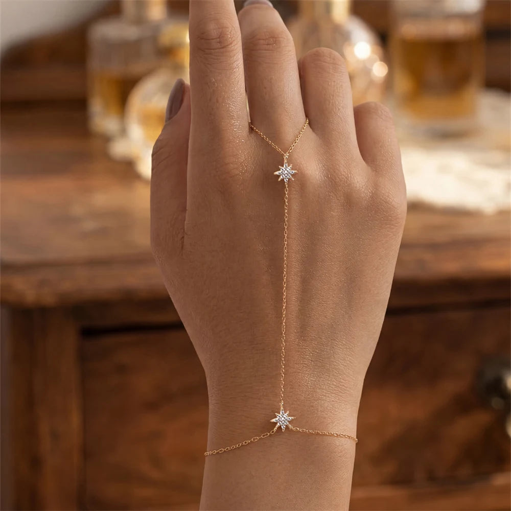 ROXI 925 Sterling Silver Heart/Star Zircon Bracelet With Finger Design For Women Hand Chain Accessories Party Jewelry Gift