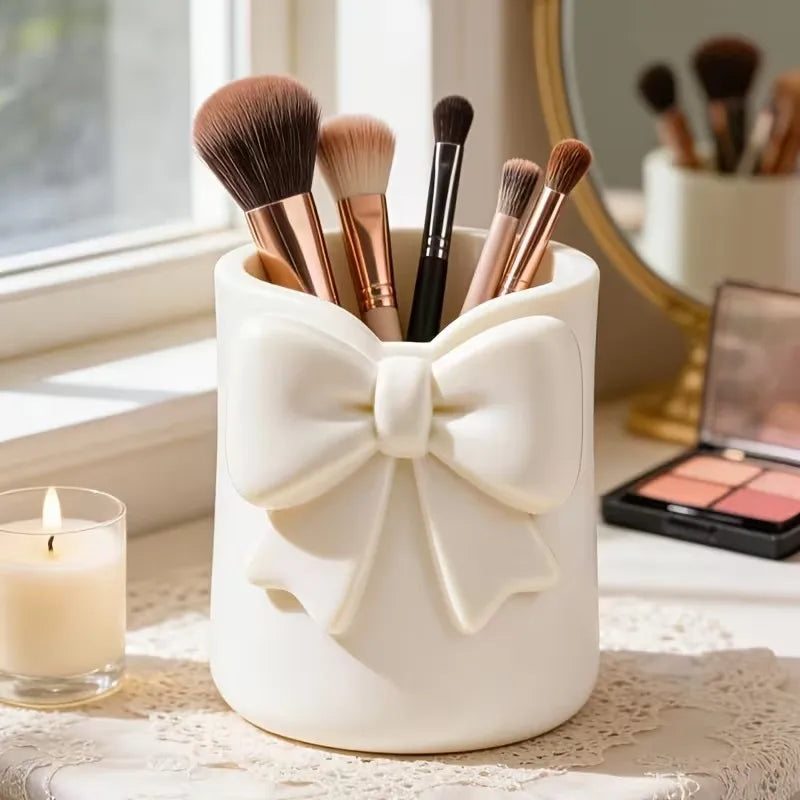1pcs Bowknot Desktop Makeup Organizer – 3D Pen Holder, Storage for Brushes, Lip Gloss & Eyebrow Tools
