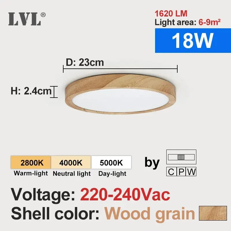 LVL LED Ceiling Light Wood Grain & White 3 in 1 Lighting Colors Home Lighting Kitchen Bedroom Bathroom Round Flush Ceiling Lamp