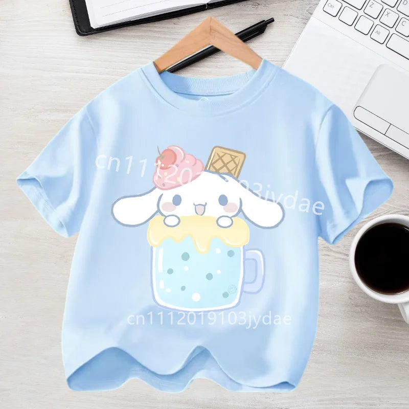 2026 Summer Casual Clothes Kawaii Gift Cute Cinnamoroll Girl T-shirt Cotton Anime Print Tee Shirt Kids Short Sleeve Streetwear