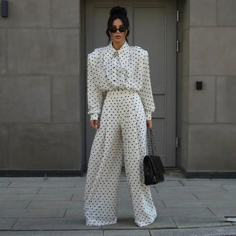 Elegant Dot Shirt Pants Women Set Casual Lapel Button Pleated Blouse Wide Leg Trousers 2026 Spring Summer Chic Lady Outfit New