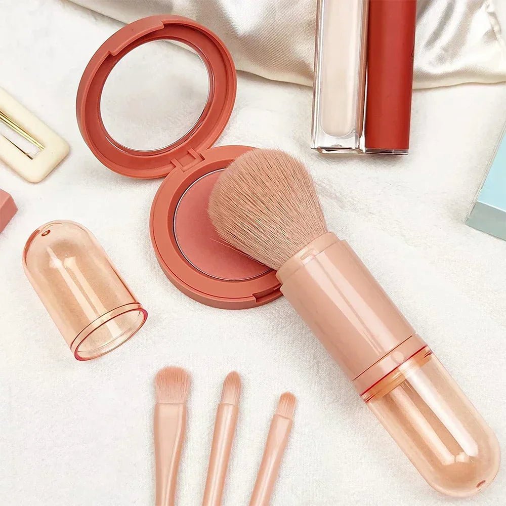 4in1 Makeup Brushes Set, Retractable Blush Brush + 3 Small Eyeshadow Brushes, Compact Portable for On-the-Go Touch-Up