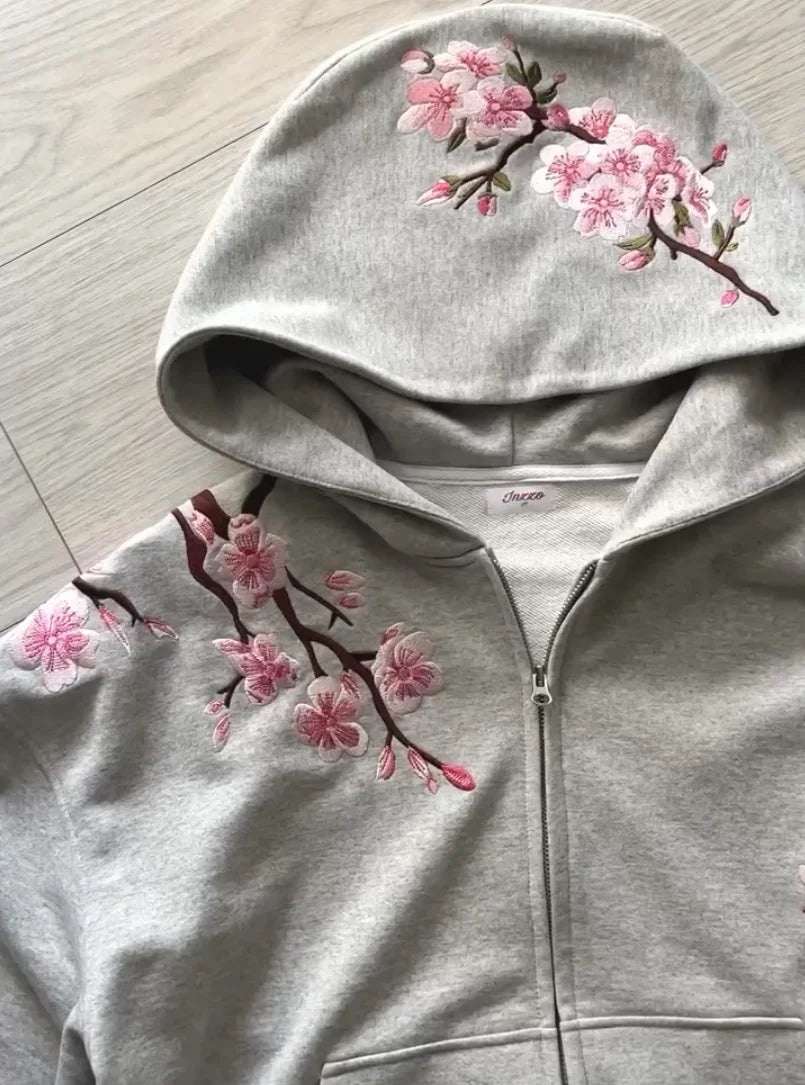 Y2K Vintage Oversized Cherry Blossom Embroidered Hooded Jacket Mens Womens Pink Zipper Coat Harajuku Hip Hop Graphic Streetwear