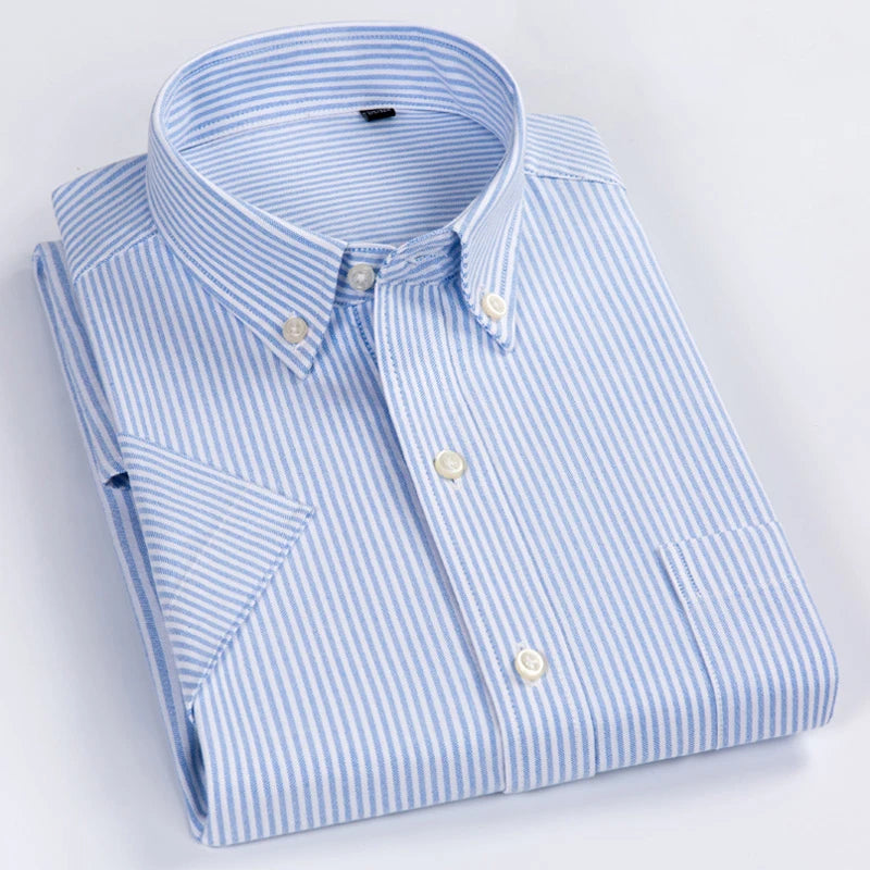 Men's Fashion Plaid Checkered Short Sleeve 100% Cotton Shirt Button-collar Holiday Youthful Striped Summer Casual Gingham Shirts