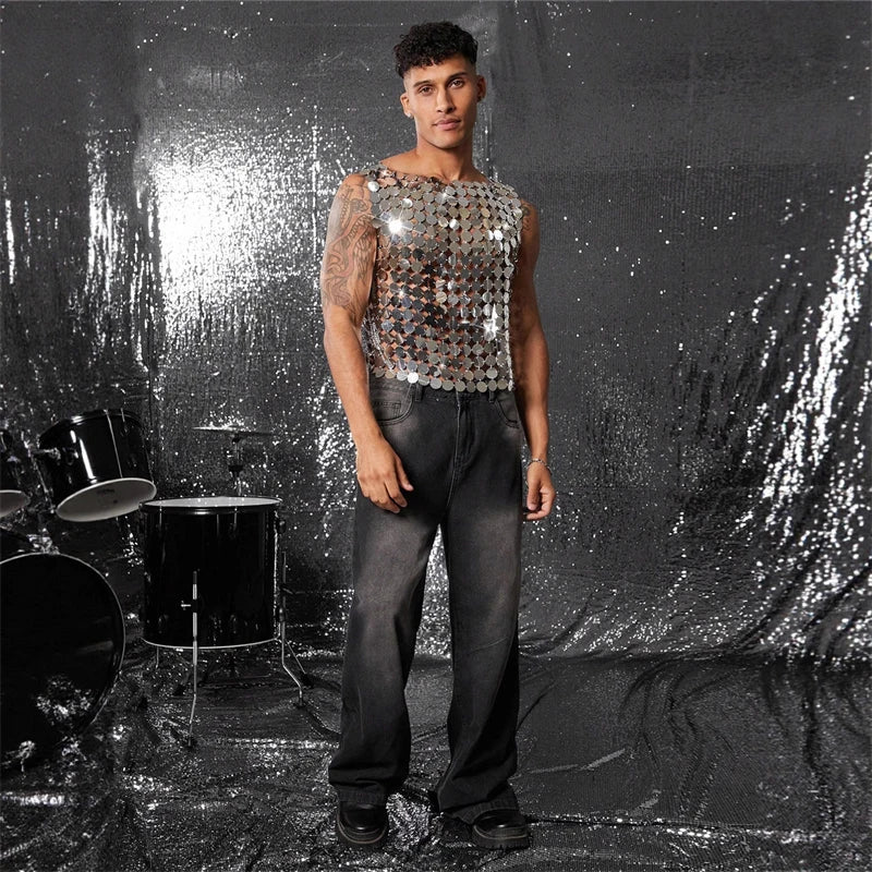 2025 New Men's Tank Tops Nightclub Metal Vest Handmade Sexy Perspective Party Stage Performance Punk Style Crop Top Accessories