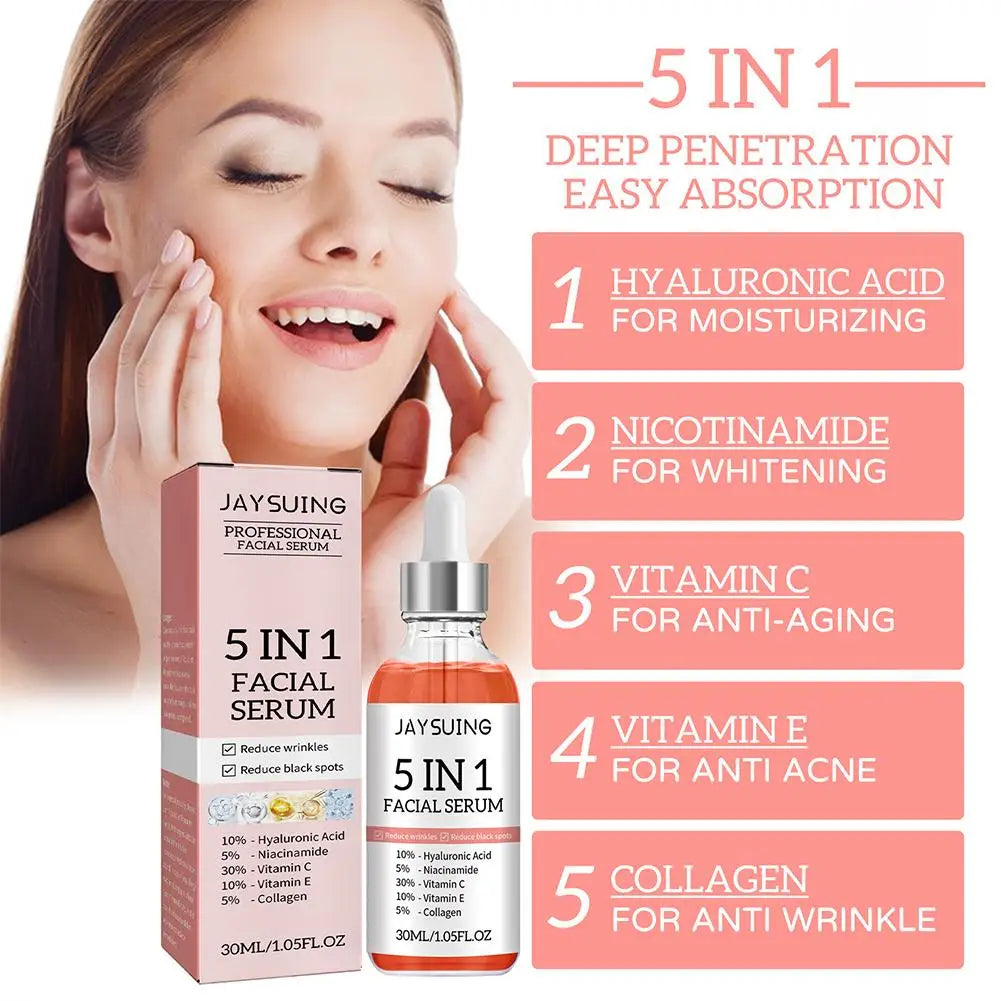 5 In 1 Face Serum Vitamin C Moisturizing Whitening Anti Wrinkle Aging Niacinamide Hyaluronic Acid Facial Serum SkinCare 30ml