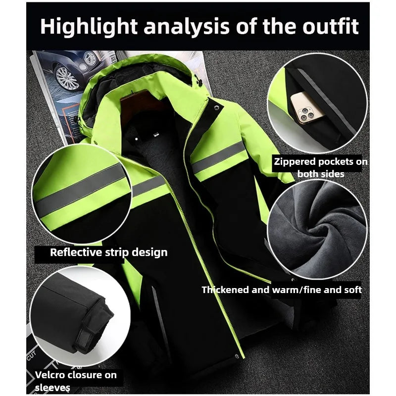 New Winter Work Jacket, Waterproof Windproof Reflective Thermal Coat with Fleece Lining, Stain Resistant Outdoor