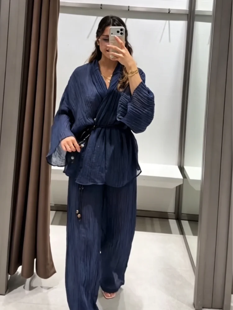 Casual Pleated Cardigan Pants Set V-neck Drop Shoulder Flared Sleeves Belt Waist Shirt Wide Leg Pants 2026 Chic Lightweight Sets