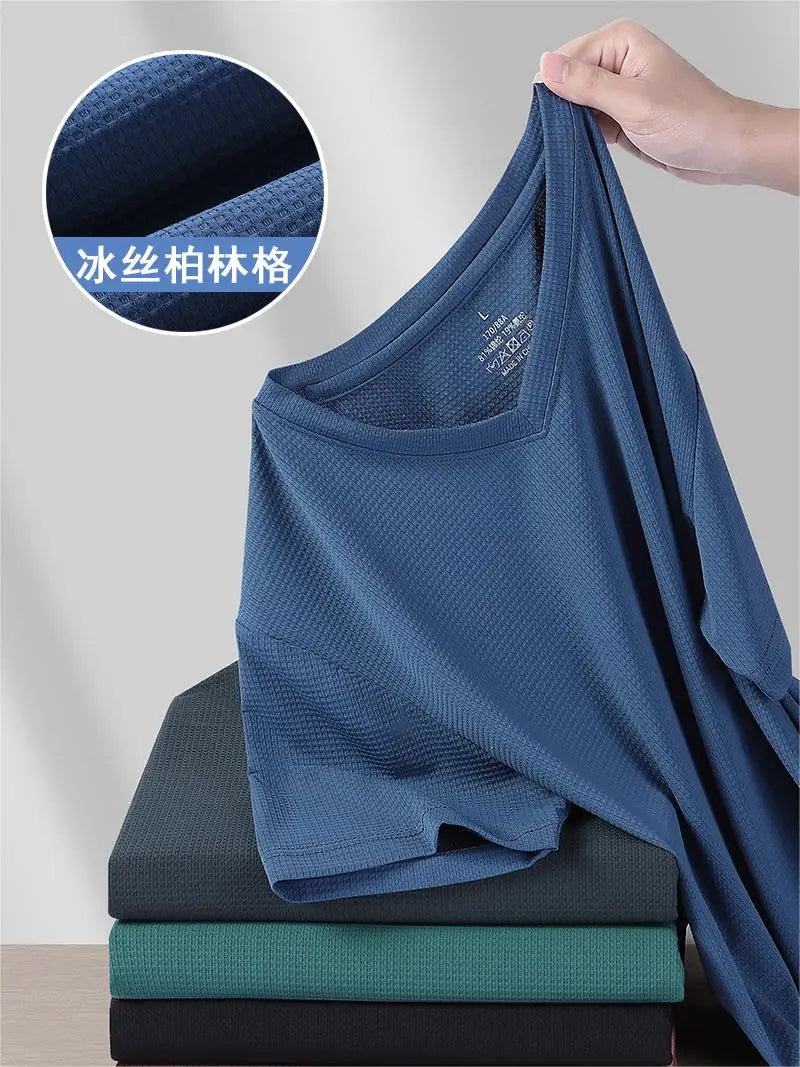Plus Size 7XL 8XL 9XL Summer V-Neck T-shirts For Men Ice Silk Cooling Quick-dry Breathable Men's Short-sleeved T Shirts