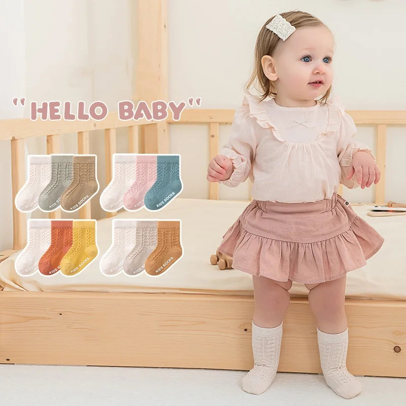 3Pairs/lot Kids Socks For Girls Boys Spring Summer Thin Soild Socks For Newborn Children's Cotton Mesh Non-slip Floor Sock 0-5Y
