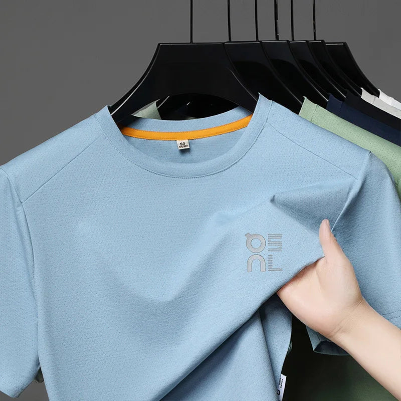 High end brand ice silk short sleeve summer breathable comfort quick drying men's T-shirt fashion printed casual round neck top