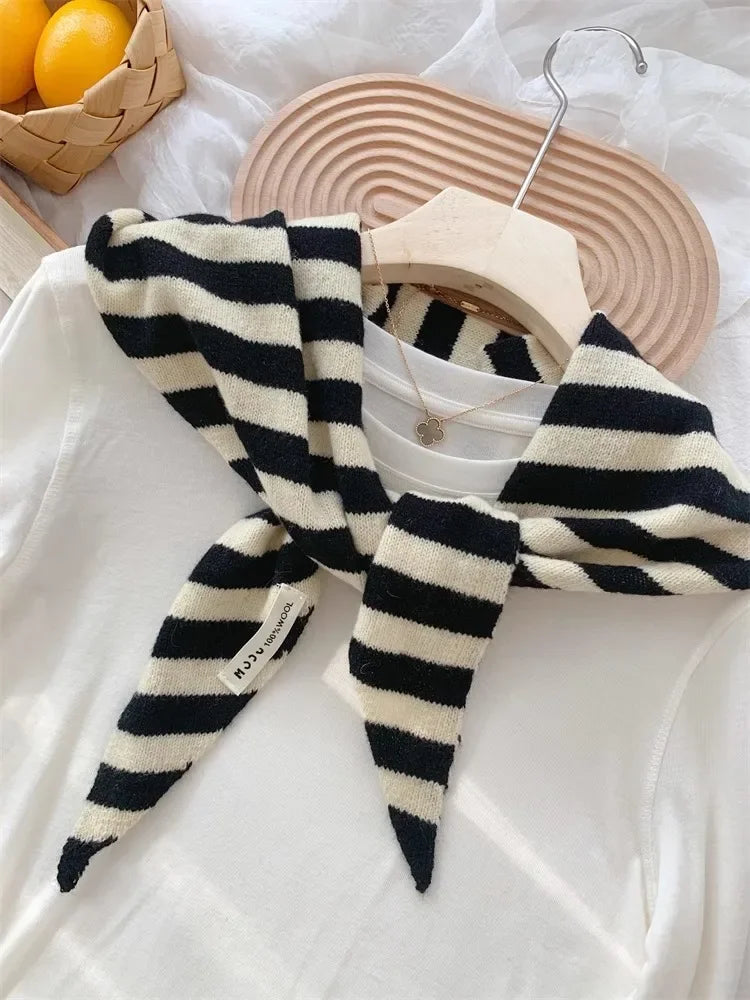 Korean Stripe Triangle Scarf 100% Wool Triangular Scarf Men Women British Niche Headscarf Knitted  Multi-functional Warm Scarf