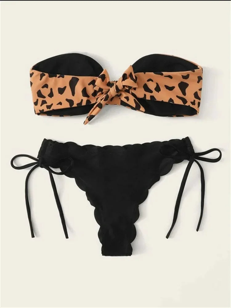 Beach Bikini 2026 Woman Sexy Front Lace Up Tie Bandeau Leopard Swimsuit Female Push Up Ruffled Bow Bathing Suit Thong Swimwear