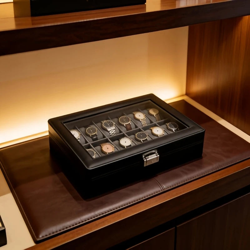 Men's 12 Slot Leather Watch Box with Lock, Luxury Watch Display Organizer + 3Pcs Clear Bracelet Storage Box 4Pcs Set
