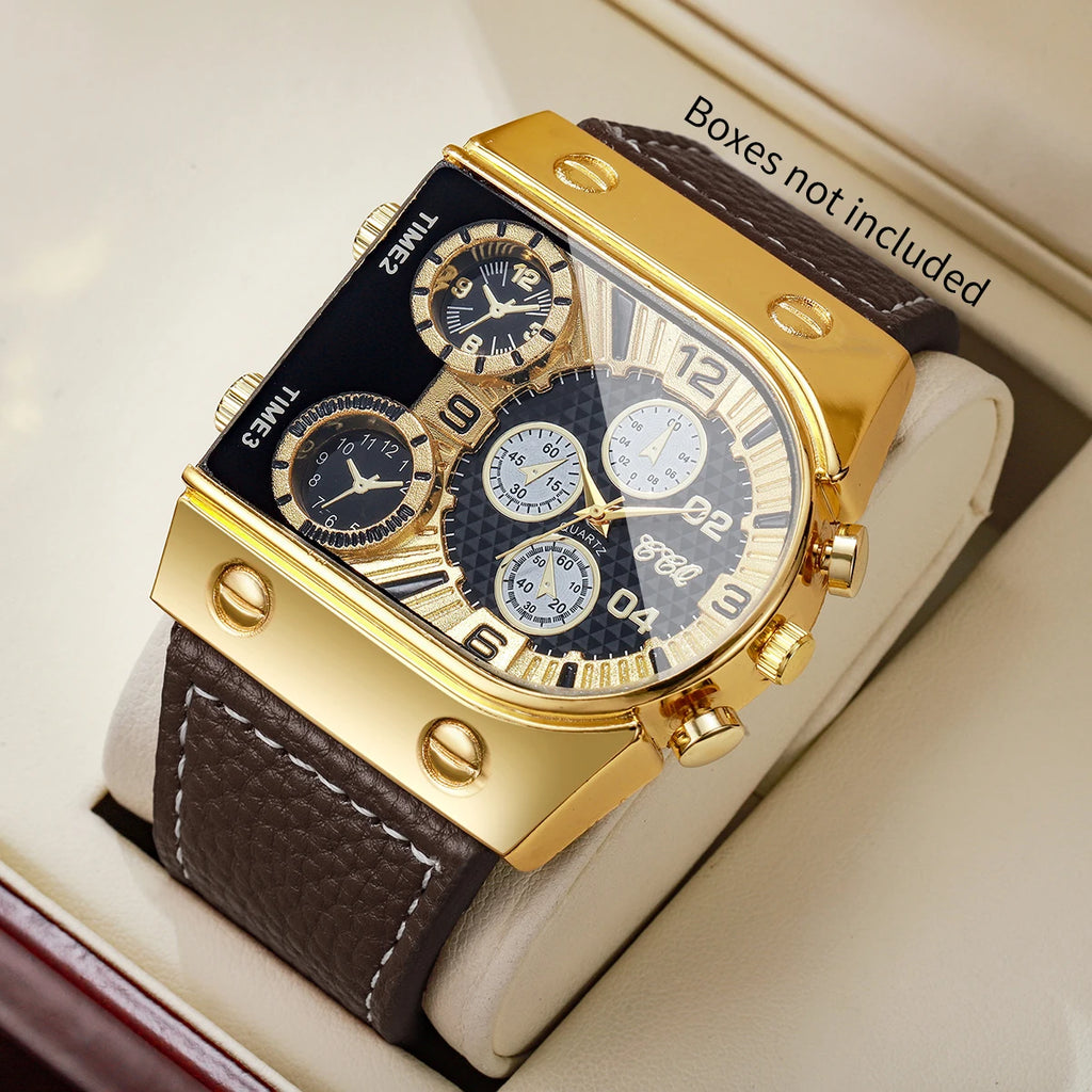 Luxury Square Decorative Five-eyes Dial Men Business Watch Casual Oversized Leather Strap Quartz Sports Wristwatch (Without Box)