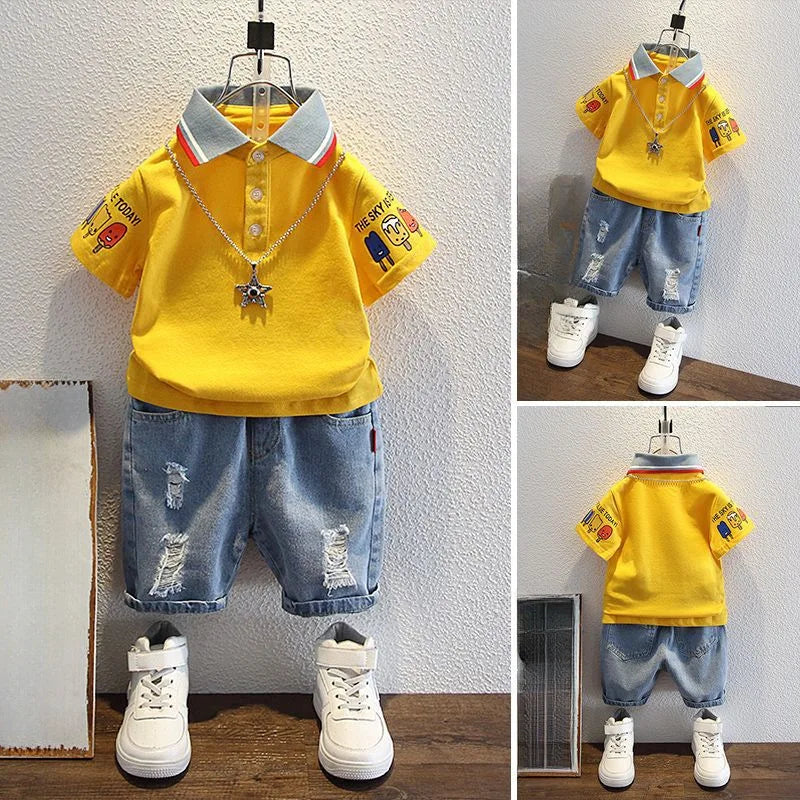 2-10 Years Kids Boys Clothes Set Summer Short Sleeve Cartoon Print Lapel T-shirt And Denim Shorts 2PCS Children Tracksuit Outfit
