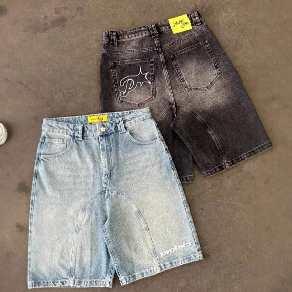 Vintage Y2k Men Women Harajuku Short Jeans Washed Embroidery American Retro Man Denim shorts Summer Loose Hip Hop Streetwear