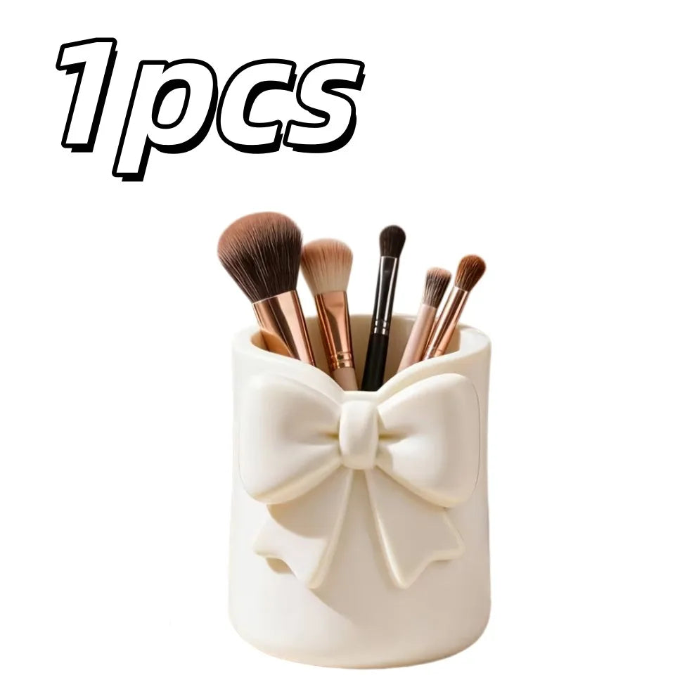1pcs Bowknot Desktop Makeup Organizer – 3D Pen Holder, Storage for Brushes, Lip Gloss & Eyebrow Tools