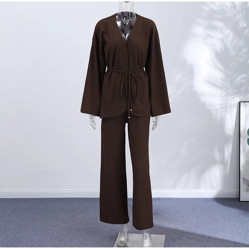 Casual Pleated Cardigan Pants Set V-neck Drop Shoulder Flared Sleeves Belt Waist Shirt Wide Leg Pants 2026 Chic Lightweight Sets