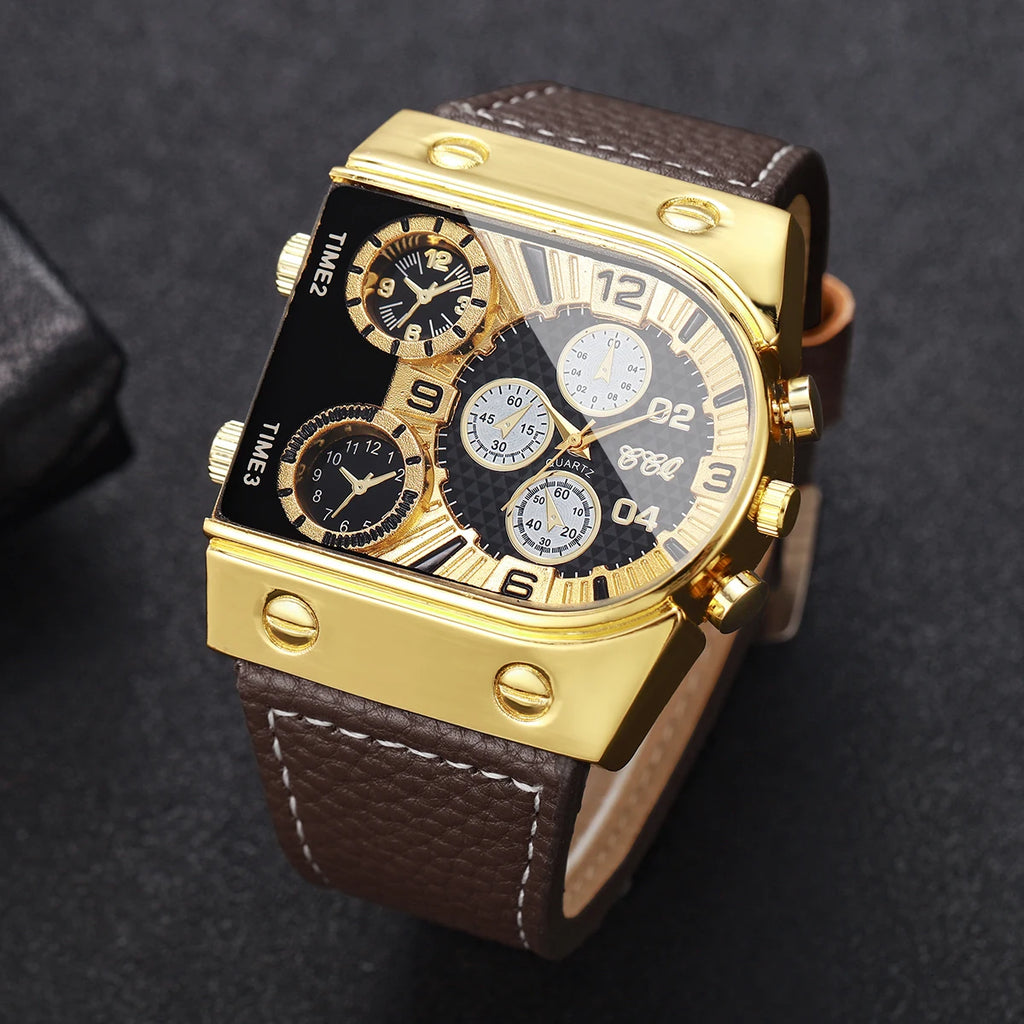 Luxury Square Decorative Five-eyes Dial Men Business Watch Casual Oversized Leather Strap Quartz Sports Wristwatch (Without Box)