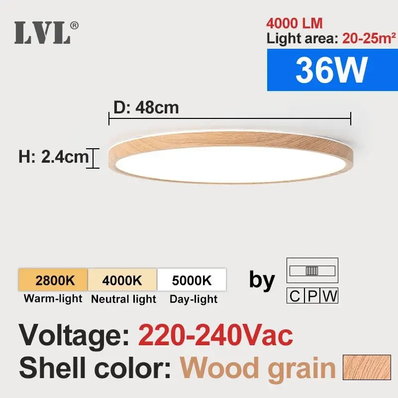 LVL LED Ceiling Light Wood Grain & White 3 in 1 Lighting Colors Home Lighting Kitchen Bedroom Bathroom Round Flush Ceiling Lamp