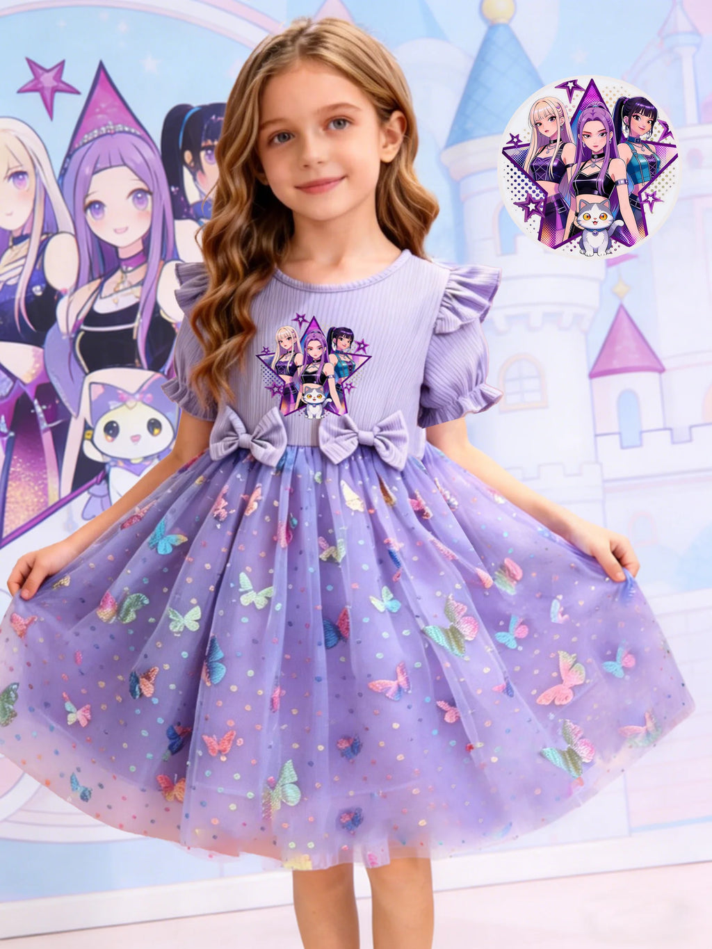 Dreamy Style Kids Princess Dress, Purple, K-POP Cartoon Print + Colorful Dot Butterfly Sequin Elements
